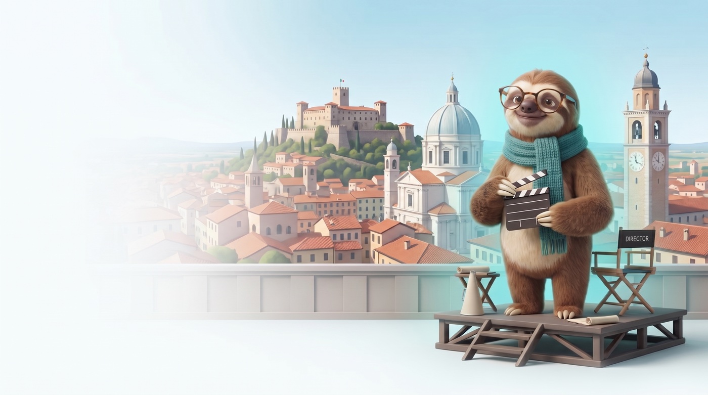 Bradipo immovivo regista con città lombarda e hinterland sullo sfondo