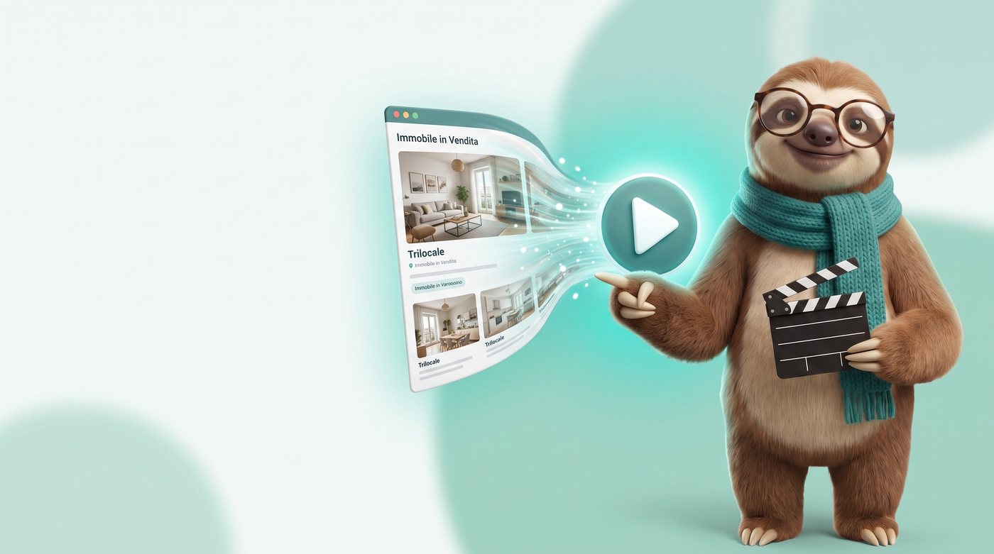 Mascotte immovivo (bradipo con sciarpa teal e clapper) che trasforma un annuncio online in video